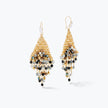 Gold drop earrings displaying a handknitted wire mesh triangle holding metallic black, gray, and bronze premium crystals.