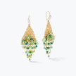 Gold drop earrings with a  handknitted wire triangular shape and dense rows of hanging green reflective crystals.