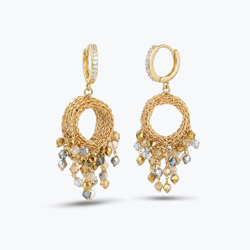 Gold handknitted wire hoops featuring premium crystals in metallic champagne, grey, and bronze tones with hanging crystals.