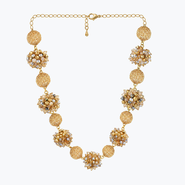 Gold handknitted sphere wire mesh ball necklace featuring individually champagne and gold tones.