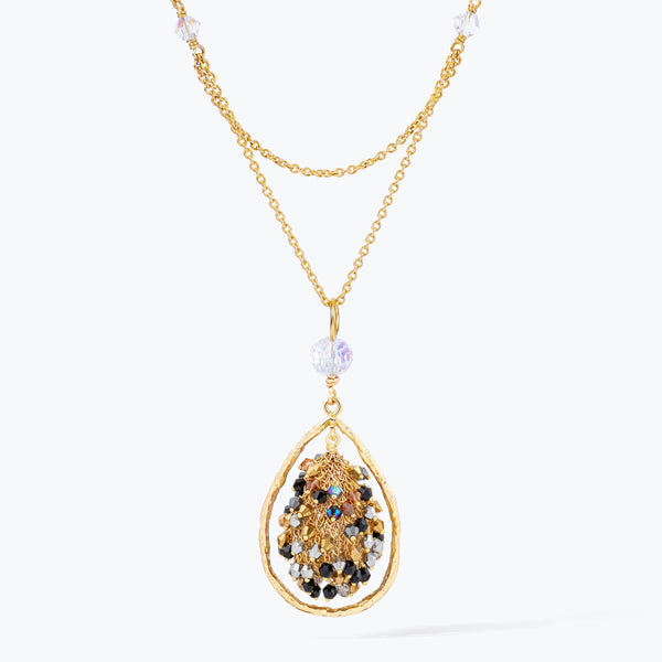 Gold handknitted tear drop wire mesh bib necklace showcasing reflective crystals in metallic, silver and black.