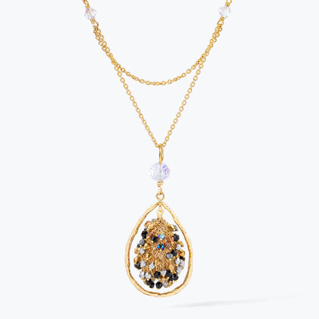 Gold handknitted tear drop wire mesh bib necklace showcasing reflective crystals in metallic, silver and black.