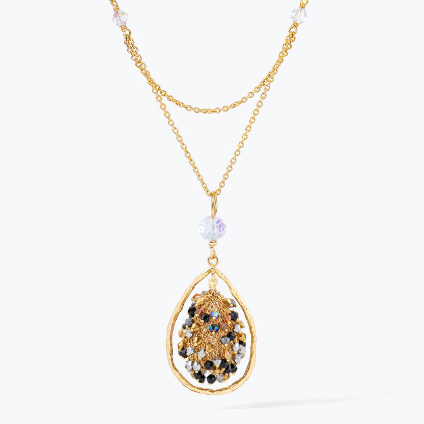 Gold handknitted tear drop wire mesh bib necklace showcasing reflective crystals in metallic, silver and black.