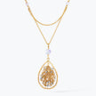 Gold handknitted tear drop wire mesh pendant bib necklace adorned with reflective crystals in champagne and silver tones.