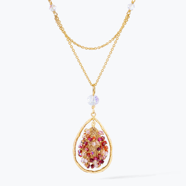 Gold handknitted tear drop wire mesh bib necklace with premium crystals in vibrant reds.