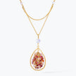 Gold handknitted tear drop wire mesh bib necklace with premium crystals in vibrant reds.