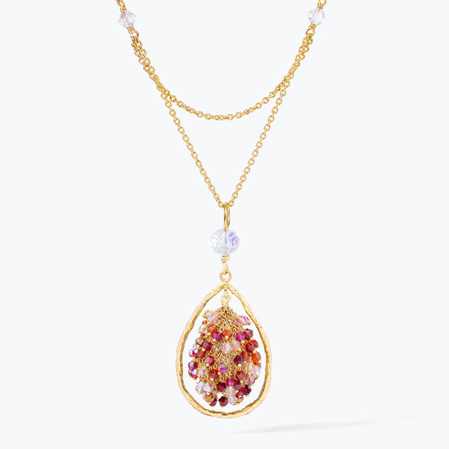 Gold handknitted tear drop wire mesh bib necklace with premium crystals in vibrant reds.