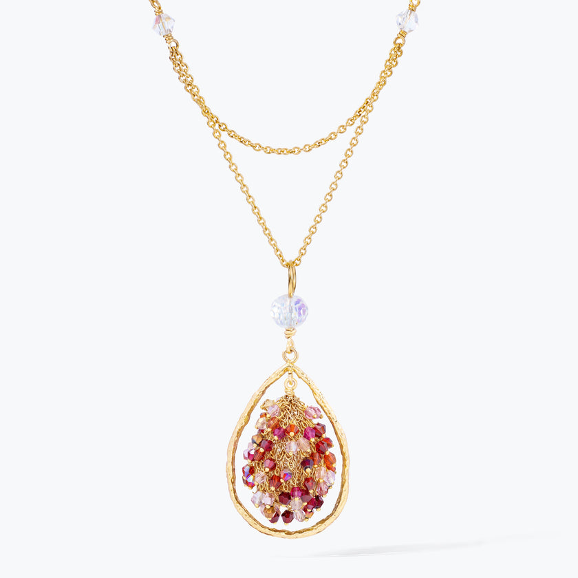 Gold handknitted tear drop wire mesh bib necklace with premium crystals in vibrant reds.