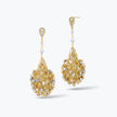 Gold drop earrings featuring an egg handknitted wire mesh base with hanging clear and champagne premium crystals.
