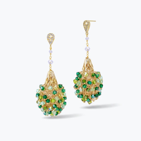 Gold drop earrings with a tapered egg handknitted wire frame holding green and emerald individually hanging crystals.