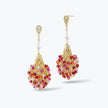 Gold drop earrings featuring a tear drop handknitted wire frame filled with hanging pink and red crystals.