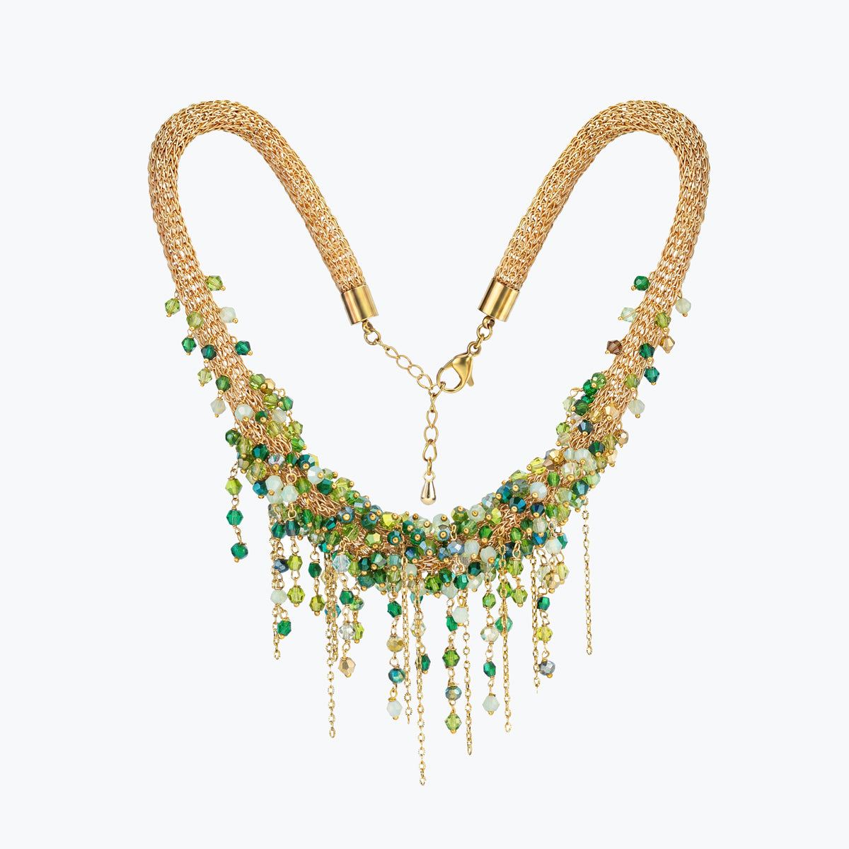 Gold handknitted wire collar necklace adorned with individually hanging premium green and emerald crystals.