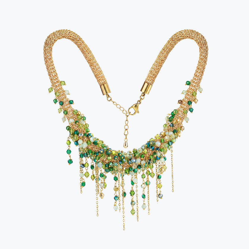 Gold handknitted wire collar necklace adorned with individually hanging premium green and emerald crystals.