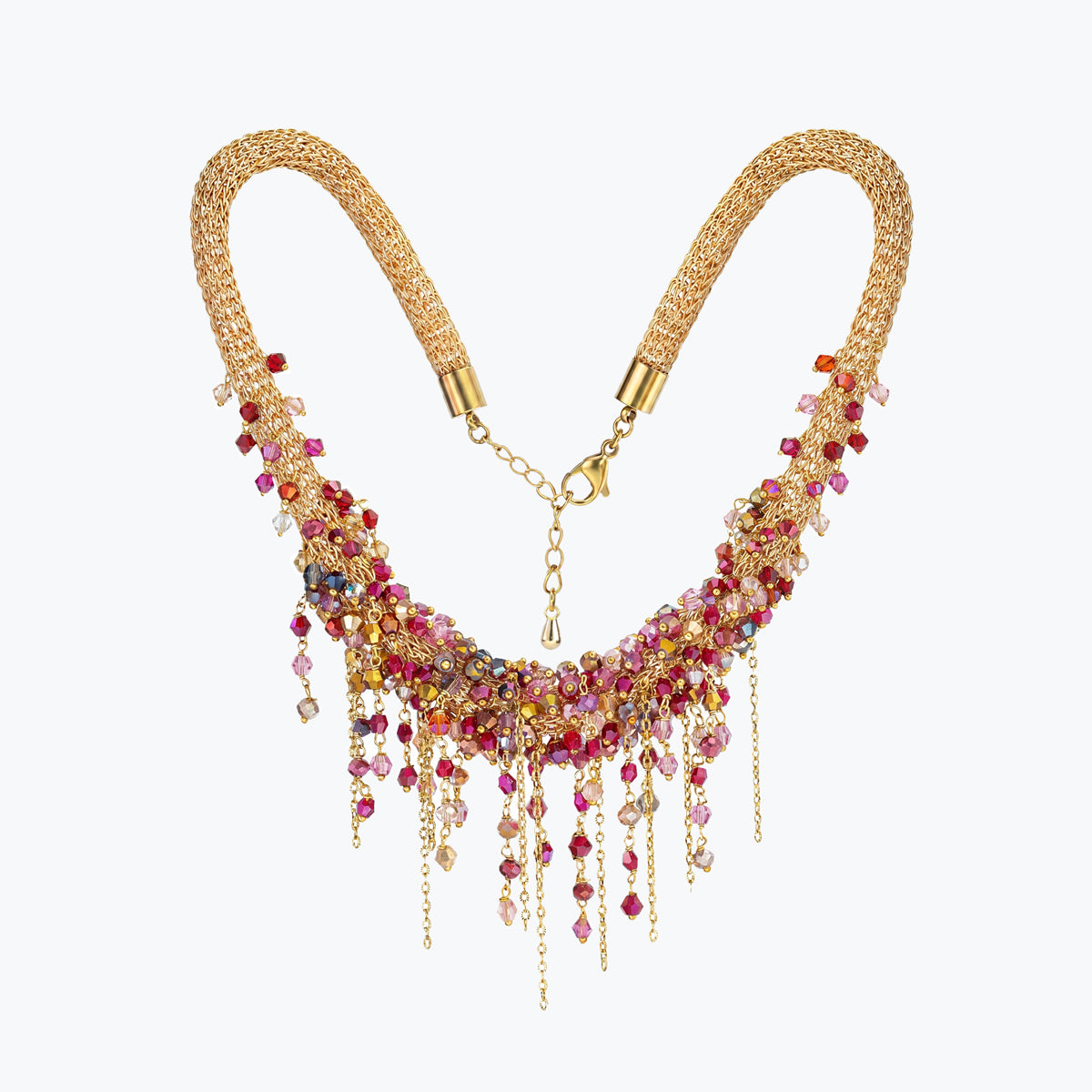 Gold handknitted wire collar necklace featuring individually hanging pink, red, and fuchsia premium crystals.