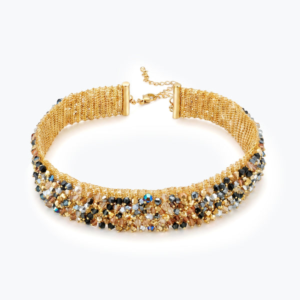 Handknitted wire mesh gold choker with individually hanging crystals in metallic black, bronze, and silver.