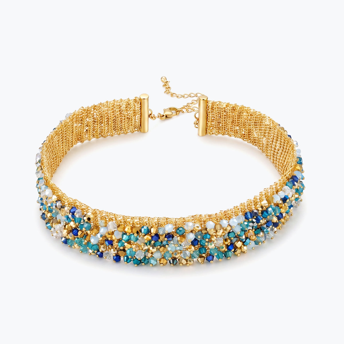 Gold handknitted wire choker necklace featuring premium crystals in vibrant blue, turquoise, and white.