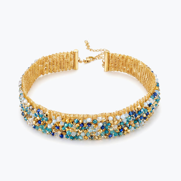 Gold handknitted wire choker necklace featuring premium crystals in vibrant blue, turquoise, and white.