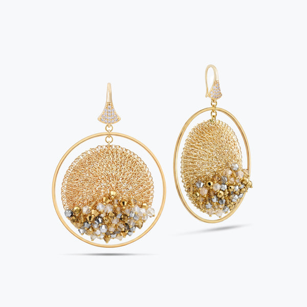 Gold handknitted wire mesh hoop earrings adorned with reflective crystals in champagne, gold, and silver tones.