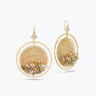 Gold handknitted wire mesh hoop earrings adorned with reflective crystals in champagne, gold, and silver tones.