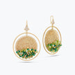 Gold handknitted wire hoop earrings showcasing individually hanging green, emerald, and olive premium crystals.