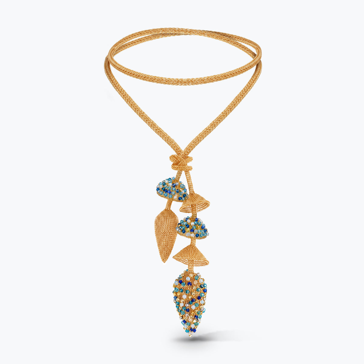 A gold beaded necklace with a double-strand braided cord and a dangle pendant featuring blue, yellow, and gold beads, set against a light gray background.