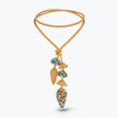 A gold beaded necklace with a double-strand braided cord and a dangle pendant featuring blue, yellow, and gold beads, set against a light gray background.